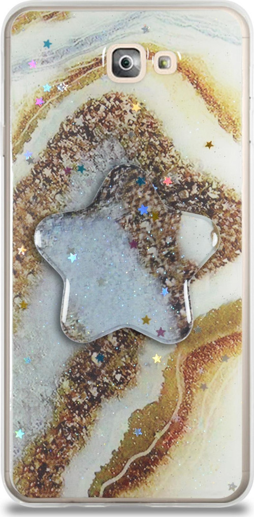 Samsung Galaxy J7 Prime Kapak Mermer Desenli Pop Socketli Silikon Kılıf - Gold