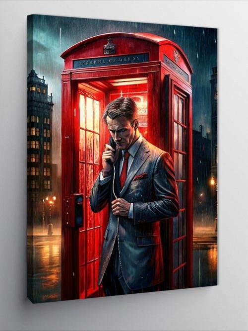 Kanvas Tablo Telefon Kulübesindeki Adam