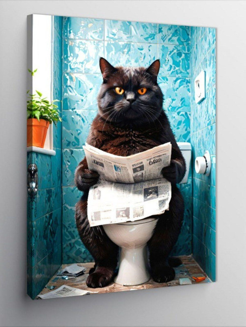 Kanvas Tablo Tuvalette Gazete Okuyan Kedi