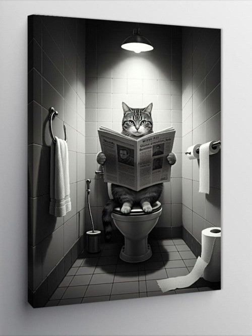 Kanvas Tablo Tuvalette Kitap Okuyan Kedi