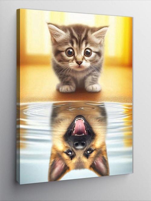 Kanvas Tablo Yavru Kedi Ve Gölgedeki Köpek