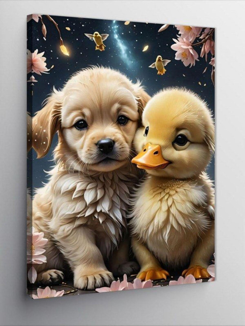 Kanvas Tablo Yavru Köpek Ve Ördek