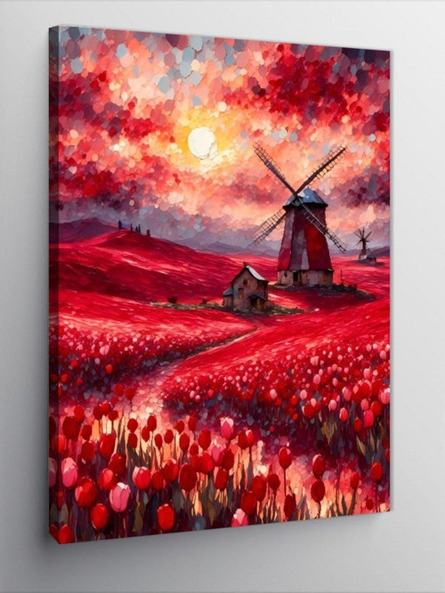 Kanvas Tablo Yel Değirmeni Ve Kırmızı Lale