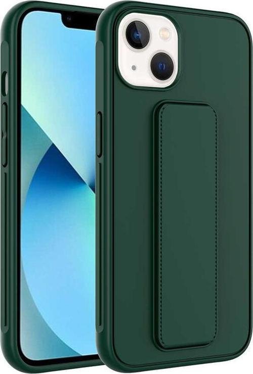 Apple iPhone 13  Kapak Standlı El Tutacaklı Silikon Kılıf - Koyu Yeşil