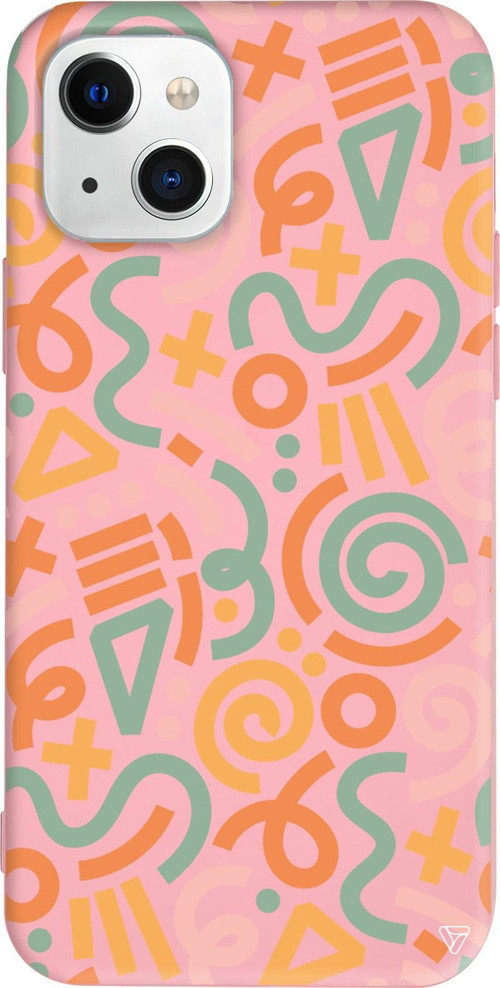 iPhone 15 Plus Uyumlu Pembe Renkli Silikon Doodle Abstract Koleksiyonu Telefon Kılıfı