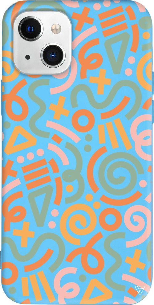 iPhone 15 Plus Uyumlu Mavi Renkli Silikon Doodle Abstract Koleksiyonu Telefon Kılıfı