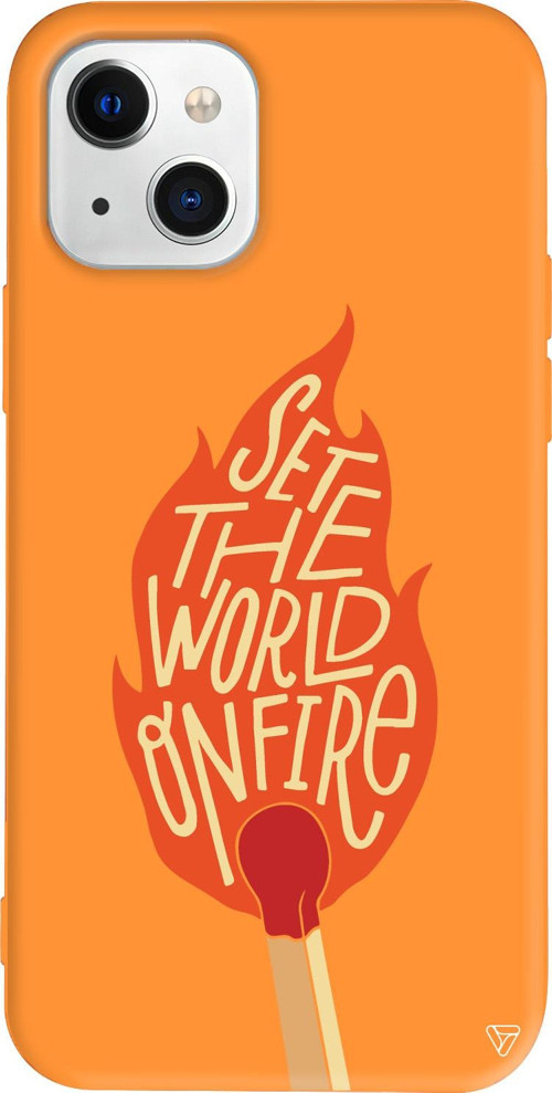 iPhone 15 Plus Uyumlu Turuncu Renkli Silikon World on Fire Telefon Kılıfı