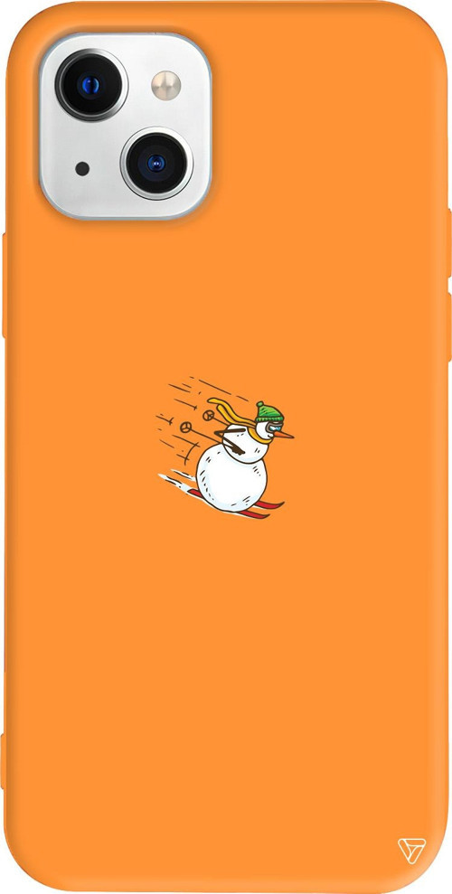 iPhone 15 Plus Uyumlu Turuncu Renkli Silikon Snowman Skiing Telefon Kılıfı