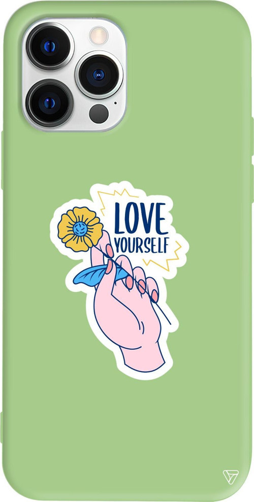 iPhone 15 Pro Max Uyumlu Açık Yeşil Renkli Silikon Love Yourself Telefon Kılıfı