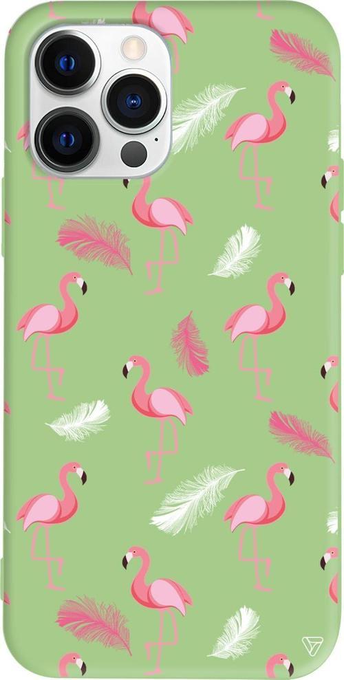 iPhone 15 Pro Max Uyumlu Açık Yeşil Renkli Silikon  Tüy ve Flamingo Telefon Kılıfı