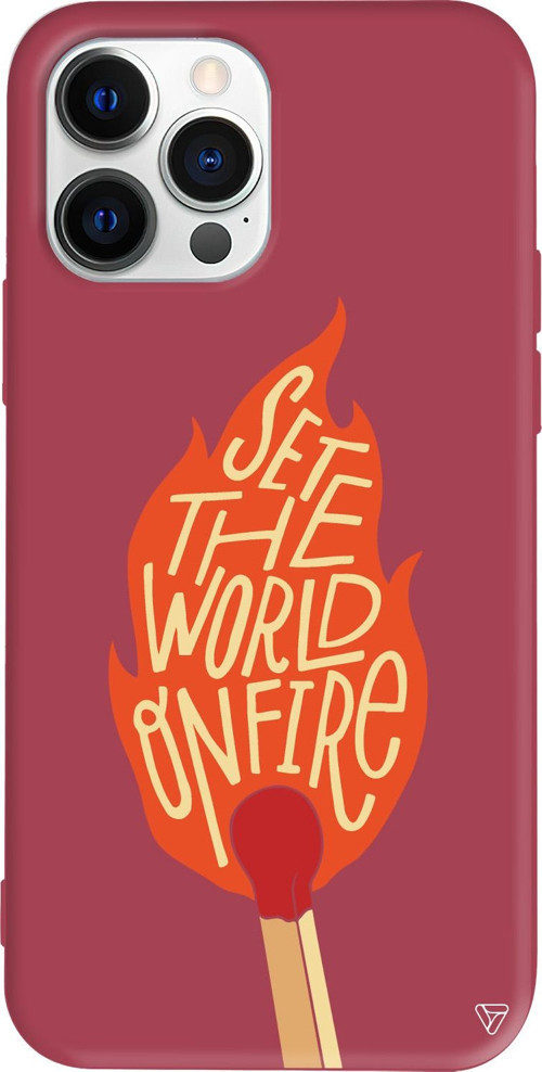 iPhone 15 Pro Max Uyumlu Bordo Renkli Silikon World on Fire Telefon Kılıfı