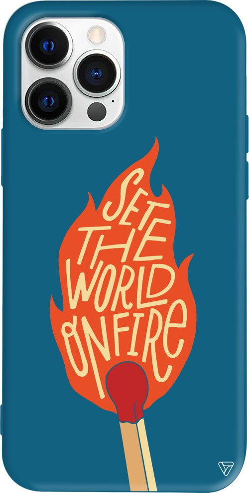 iPhone 15 Pro Max Uyumlu Lacivert Renkli Silikon World on Fire Telefon Kılıfı