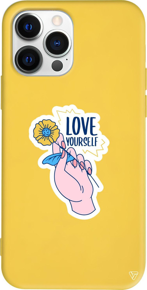 iPhone 15 Pro Max Uyumlu Sarı Renkli Silikon Love Yourself Telefon Kılıfı