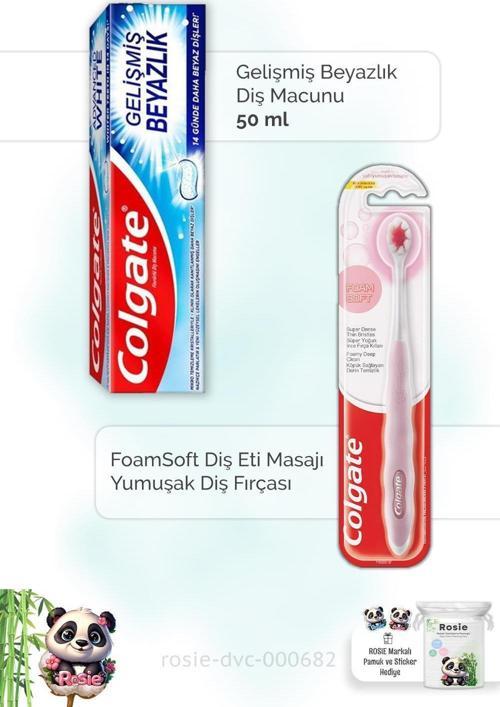 Gelişmiş Beyazlık 50 ml Diş Macunu, FoamSoft Diş Eti Masajı Diş Fırçası ve ROSIE