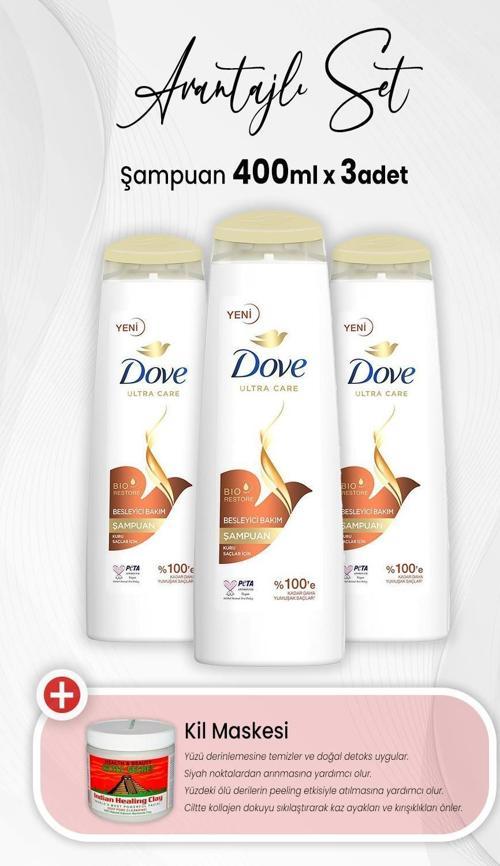 Ultra Care Şampuan Besleyici Bakım 400 ml x 3 Adet ve Kil Maskesi