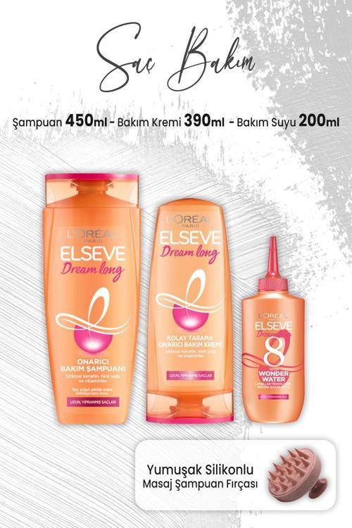 Dream Long Şampuan 450 ml, Krem 390 ml, Bakım Suyu 200 ml ve Masaj Şampuan Fırçası Pembe
