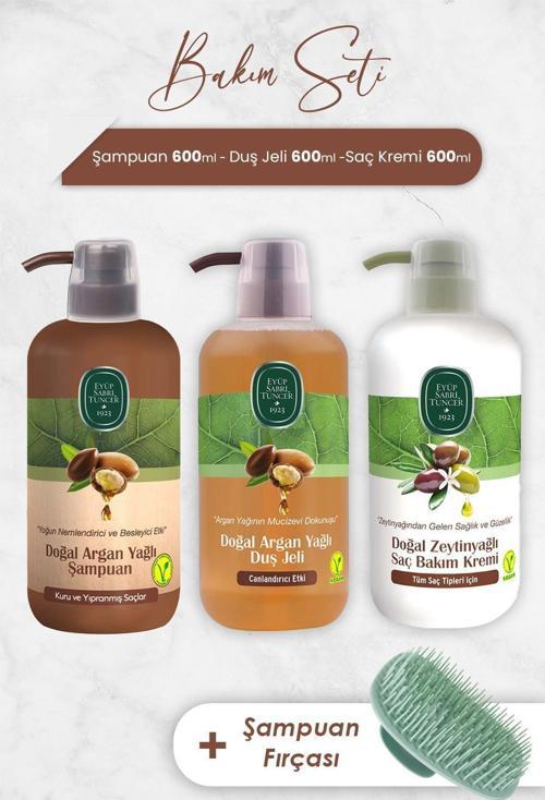 Argan Yağlı Şampuan, Duş Jeli, Saç Kremi ve Şampuan Fırçası