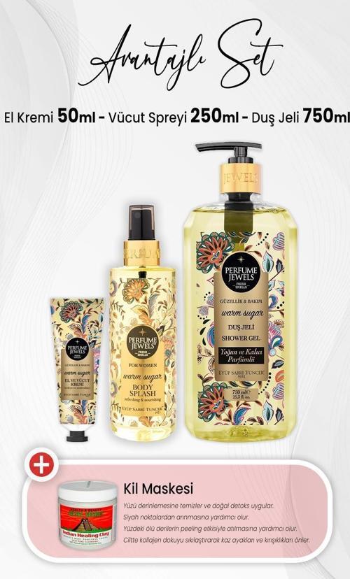 Warm Sugar Krem 50 ml, Body Splash 250 ml, Duş Jeli 750 ml ve Kil Maskesi