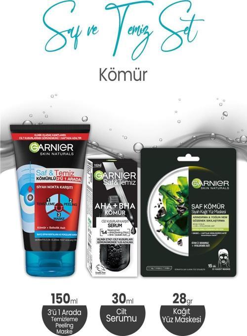 Saf & Temiz Kömür 3' ü 1 Arada 150 ml, Serum 30 ml ve Kağıt Yüz Maskesi 28 gr