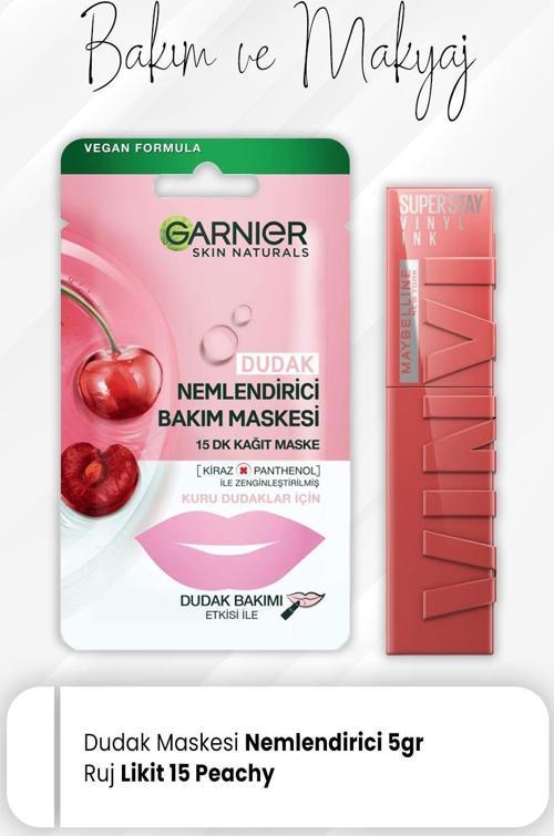 Kağıt Dudak Bakım Maskesi 5 gr ve Super Stay Vinyl Ink Likit Ruj 15 Peachy
