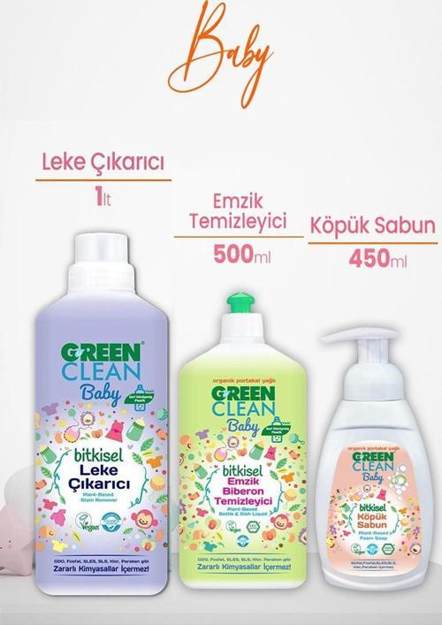 U Green Clean Baby Leke Çıkarıcı 1 L, Emzik Temizleyici 500 ml ve Köpük Sabun Portakal 450 ml