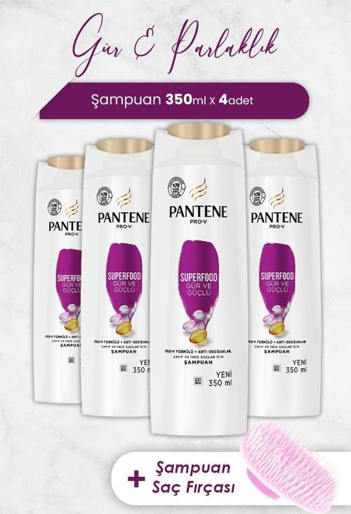 Şampuan Pro-V Superfood Gür ve Parlak Saçlar 350 ml x 4 Adet ve Şampuan Fırçası