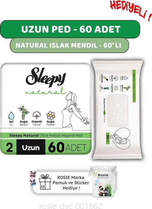 Natural Ultra Hassas Hijyenik Ped Uzun 60 Adet, Natural 60'lı Islak Mendil  ve ROSIE