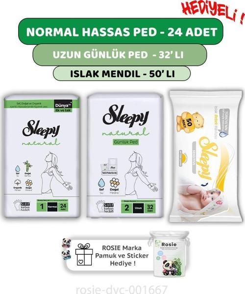 Natural Ultra Hassas Normal Ped 24'lü,Günlük Ped 32'li, Sensitive 50'li Mendil ve ROSIE