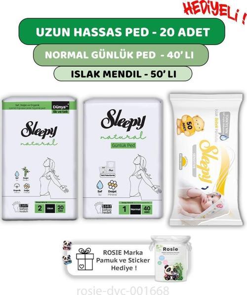 Natural Ultra Hassas Uzun Ped 20'li,Günlük Ped 40'lı  Sensitive 50'li Mendil ve ROSIE