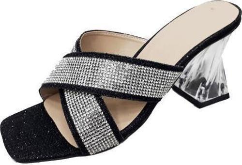 0527 Şeffaf Topuklu Simli Taşlı Kadın Terlik