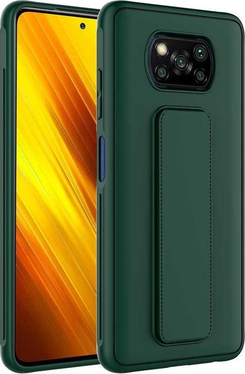 Xiaomi Poco X3 Pro Kapak Standlı El Tutacaklı Silikon Kılıf - Koyu Yeşil