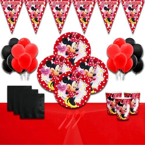 Mınnıe Mouse Kırmızı 16 Kişilik Doğum Günü Parti Süsleri Malzemeleri Seti Lüxminnie