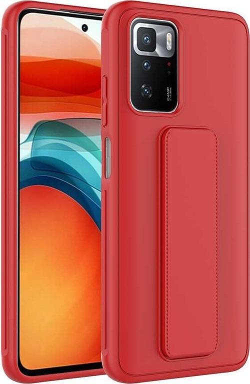 Xiaomi Redmi 10 Kapak Standlı El Tutacaklı Silikon Kılıf - Kırmızı