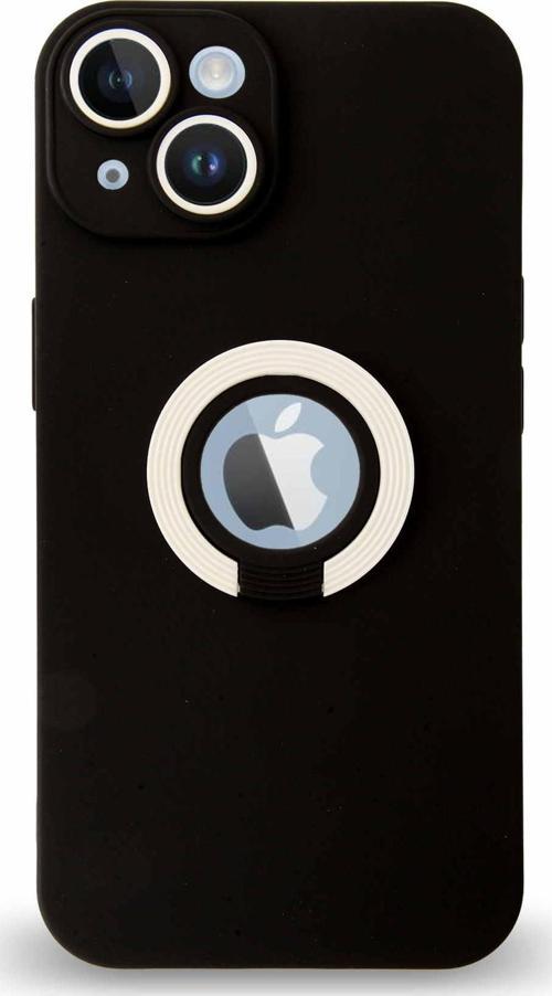 Apple iPhone 13 Kapak Kamera Korumalı Standlı Logo Açık Yüzüklü Silikon Kılıf - Siyah - Beyaz