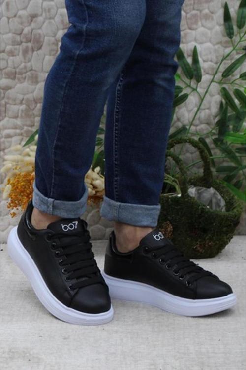 150-24 Deri Trend Sneaker Erkek Ayakkabı Siyah Beyaz