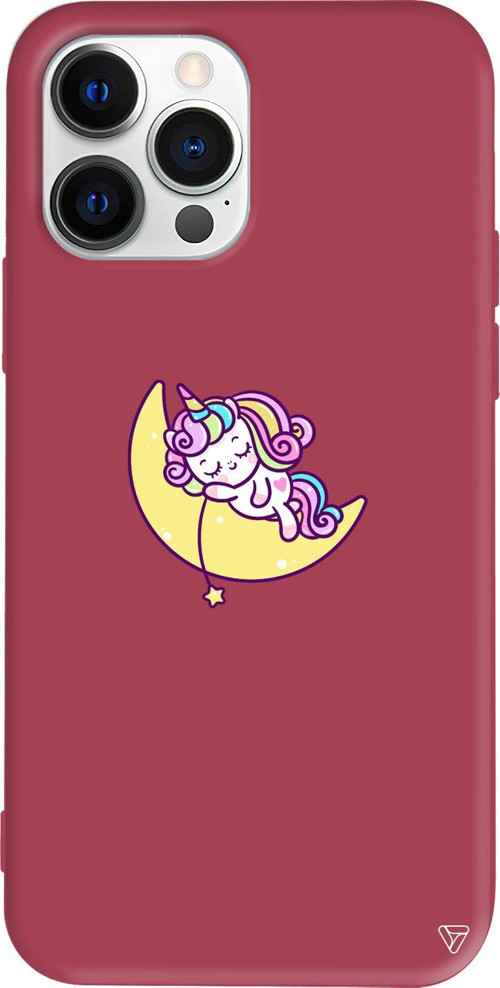 iPhone 15 Pro Uyumlu Bordo Renkli Silikon Sleepy Unicorn Telefon Kılıfı