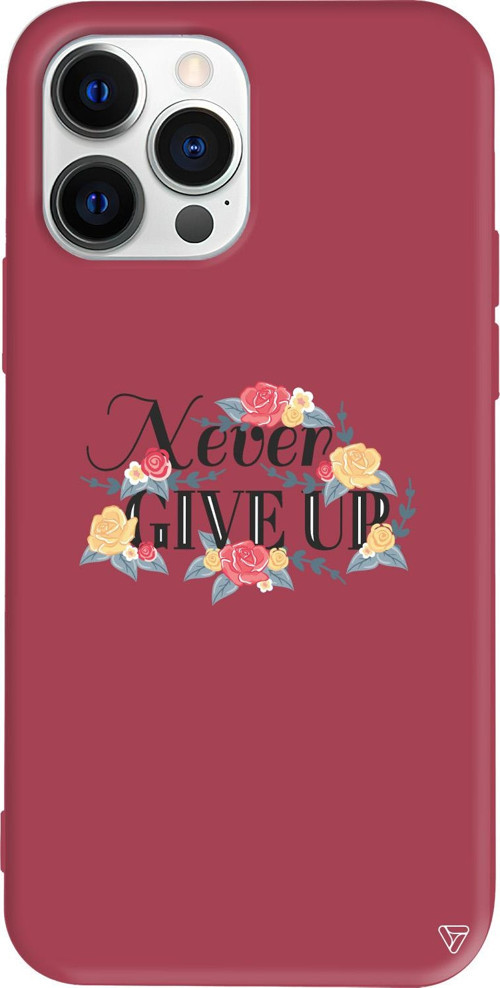 iPhone 15 Pro Uyumlu Bordo Renkli Silikon Never Give Up 2 Telefon Kılıfı