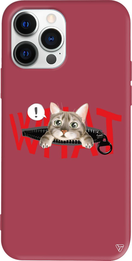 iPhone 15 Pro Uyumlu Bordo Renkli Silikon What! Kedi Telefon Kılıfı