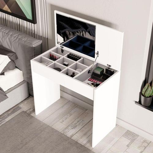 2230 Laıla Düşer Kapaklı Aynalı 80 Cm Makyaj Masası Dresuar Çalışma Masası Beyaz