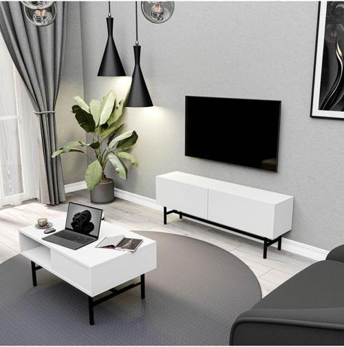 Set 4002-4202 Felıx Siyah Metal Ayaklı Tv Ünitesi - Orta Sehpa Takımı Beyaz