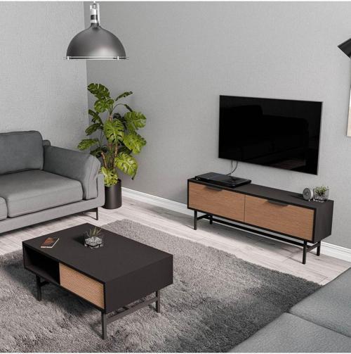 Set 4010-4210 Blanco Siyah Metal Ayaklı Tv Ünitesi - Orta Sehpa Takımı Siyah Kaplan