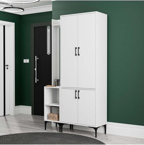 Set 5040-5030 Royal Sol Aynalı 4 Kapaklı 5 Askılı 2 Raflı Portmanto Beyaz