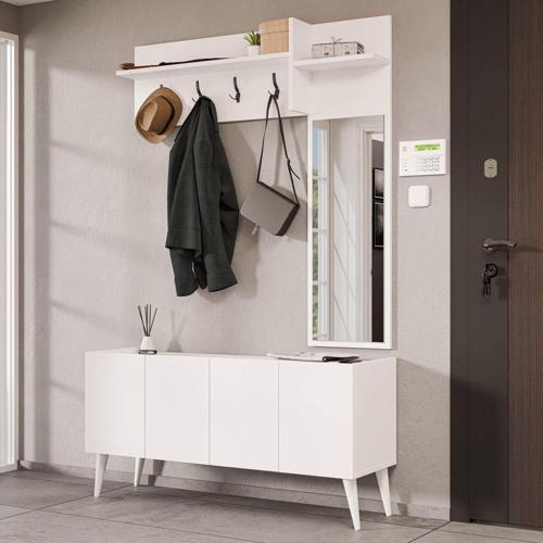 5065 Theo 4 Kapaklı 6 Raflı 4 Askılı Sağ Aynalı Portmanto Beyaz