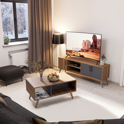 Set 1580-2070 Exxen 150 Cm (Ahşap Ayaklı) Tv Ünitesi Orta Sehpa Seti Ürgüp Antrasit