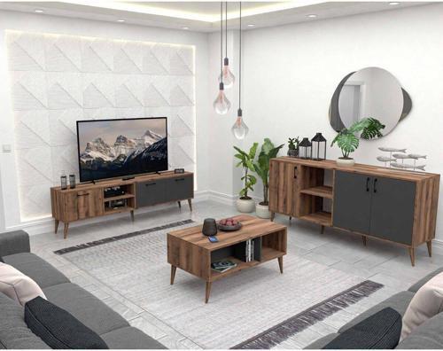 Set 1581-2070-1620 Exxen (Ahşap Ayaklı) Tv Ünitesi - Orta Sehpa - Konsol Seti Hat - Antrasit