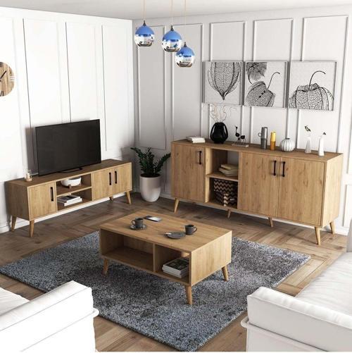 Set 1586-2076-1626 Exxen (Ahşap Ayaklı) Tv Ünitesi - Orta Sehpa - Konsol Seti Sepet Rengi