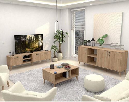 Set 1587-2076-1626 Exxen (Ahşap Ayaklı) Tv Ünitesi - Orta Sehpa - Konsol Seti Sepet Rengi