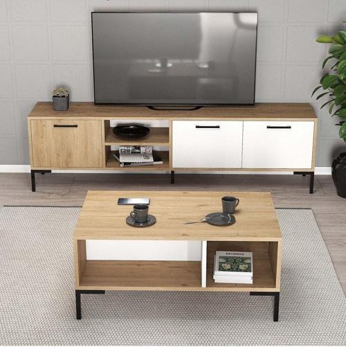 Set 1594-2084 Aurora 180 Cm Metal Ayaklı Tv Ünitesi + Aurora Orta Sehpa - Sepet-Beyaz