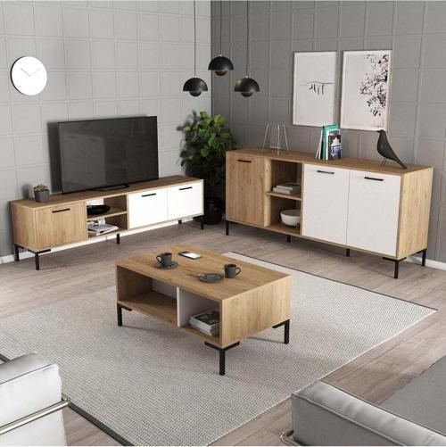 Set 1594-2084-1634 Aurora (Metal Ayaklı) Tv Ünitesi - Orta Sehpa - Konsol Seti Sepet - Beyaz