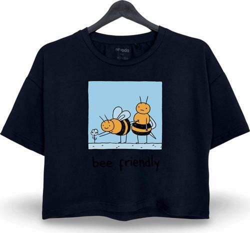 Arı Arkadaşlığı Baskılı Oversize Crop Tişört